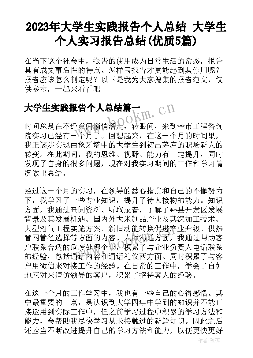 2023年大学生实践报告个人总结 大学生个人实习报告总结(优质5篇)