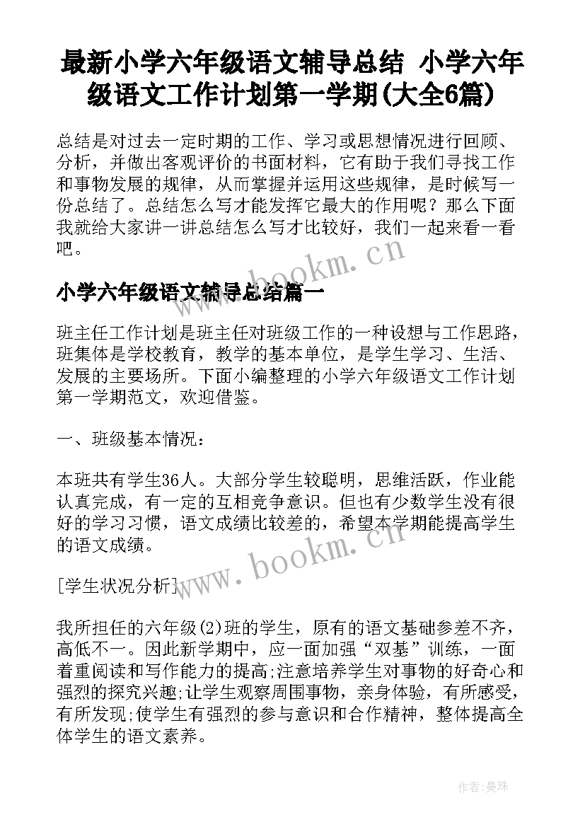 最新小学六年级语文辅导总结 小学六年级语文工作计划第一学期(大全6篇)