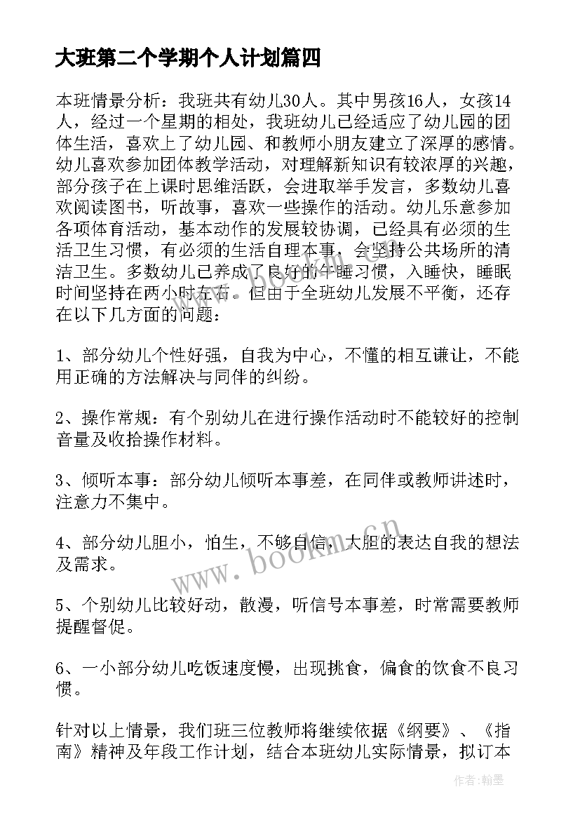 大班第二个学期个人计划(模板8篇)