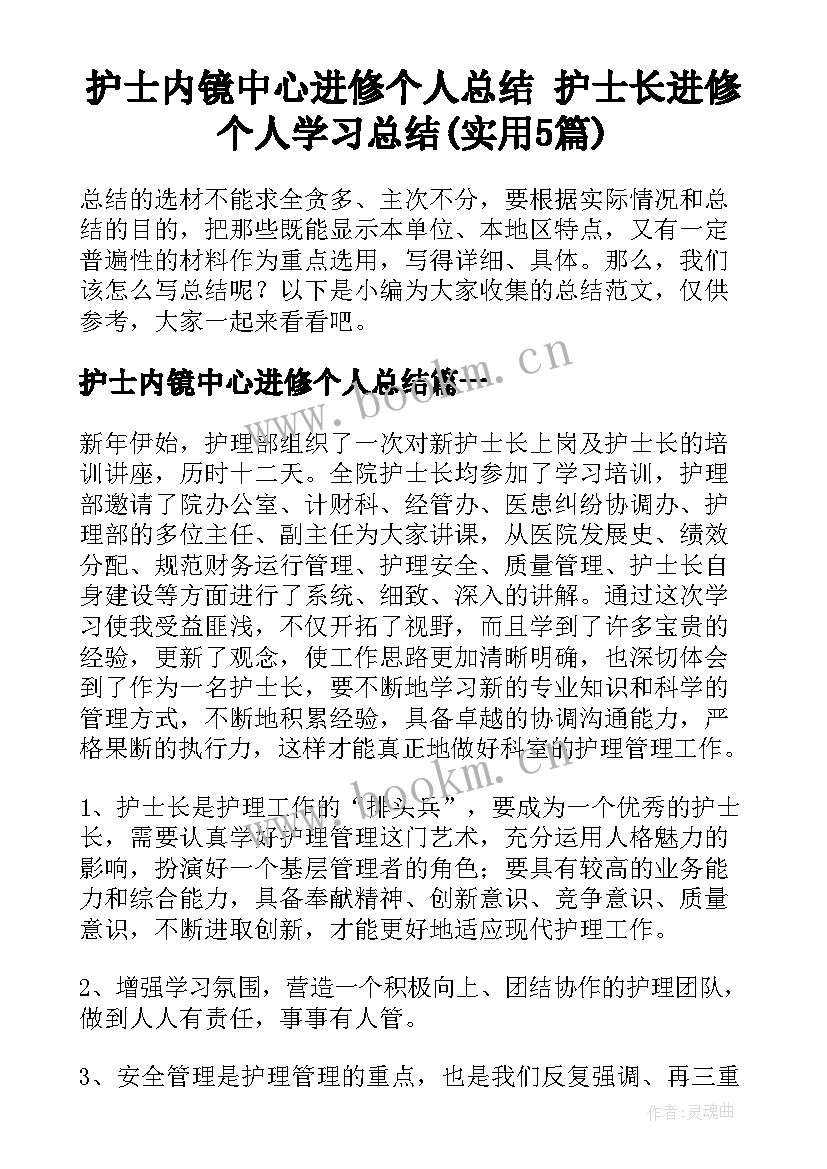 护士内镜中心进修个人总结 护士长进修个人学习总结(实用5篇)