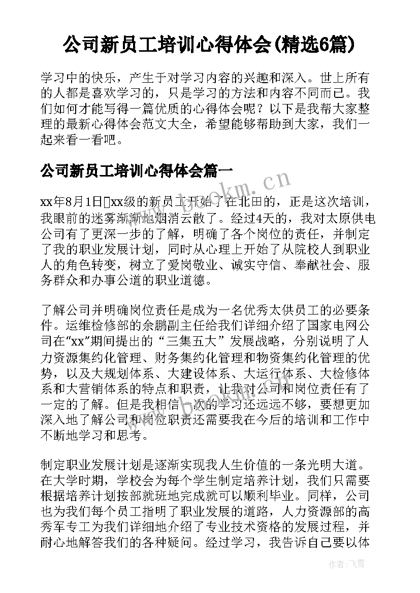 公司新员工培训心得体会(精选6篇)