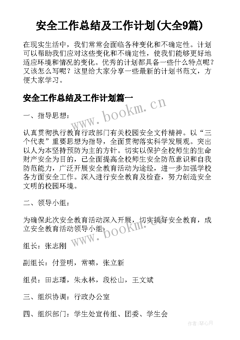 安全工作总结及工作计划(大全9篇)