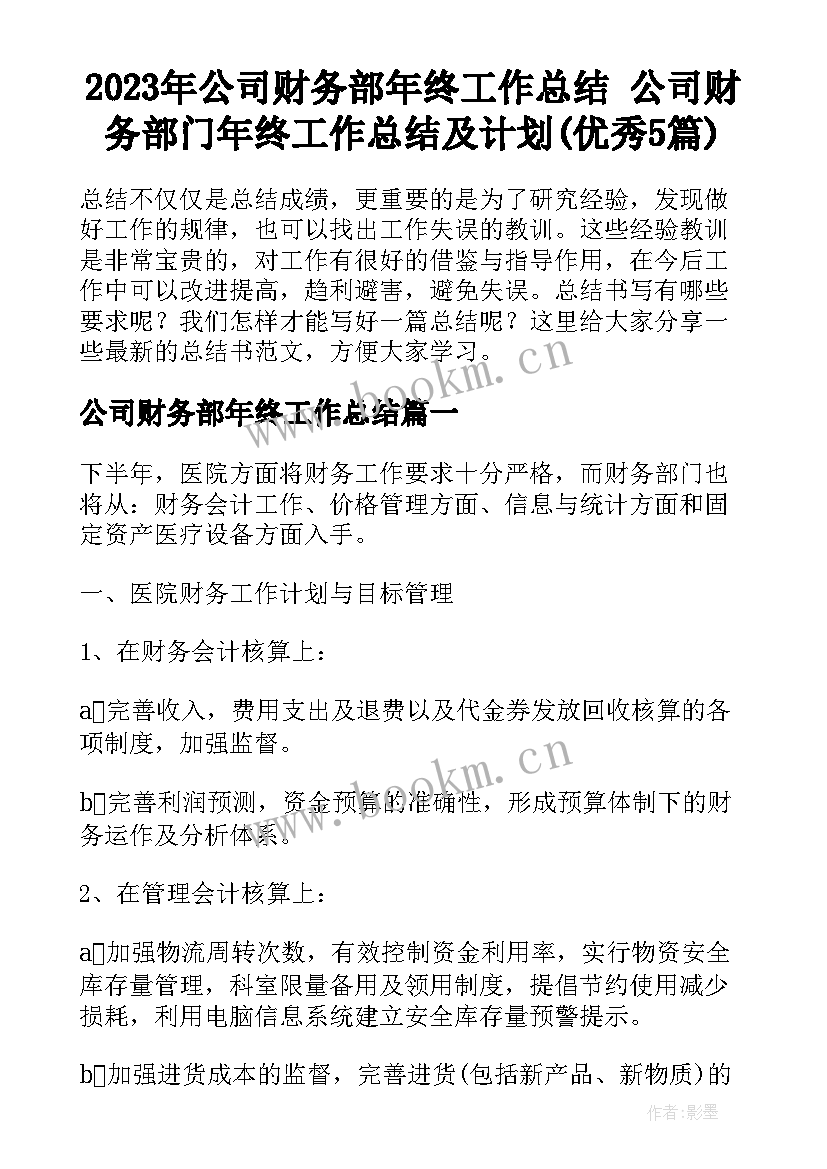 2023年公司财务部年终工作总结 公司财务部门年终工作总结及计划(优秀5篇)