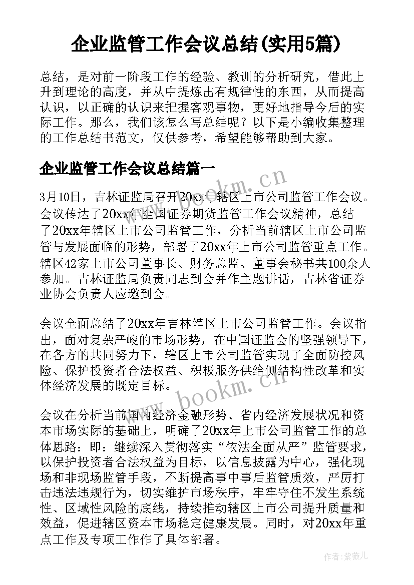 企业监管工作会议总结(实用5篇)