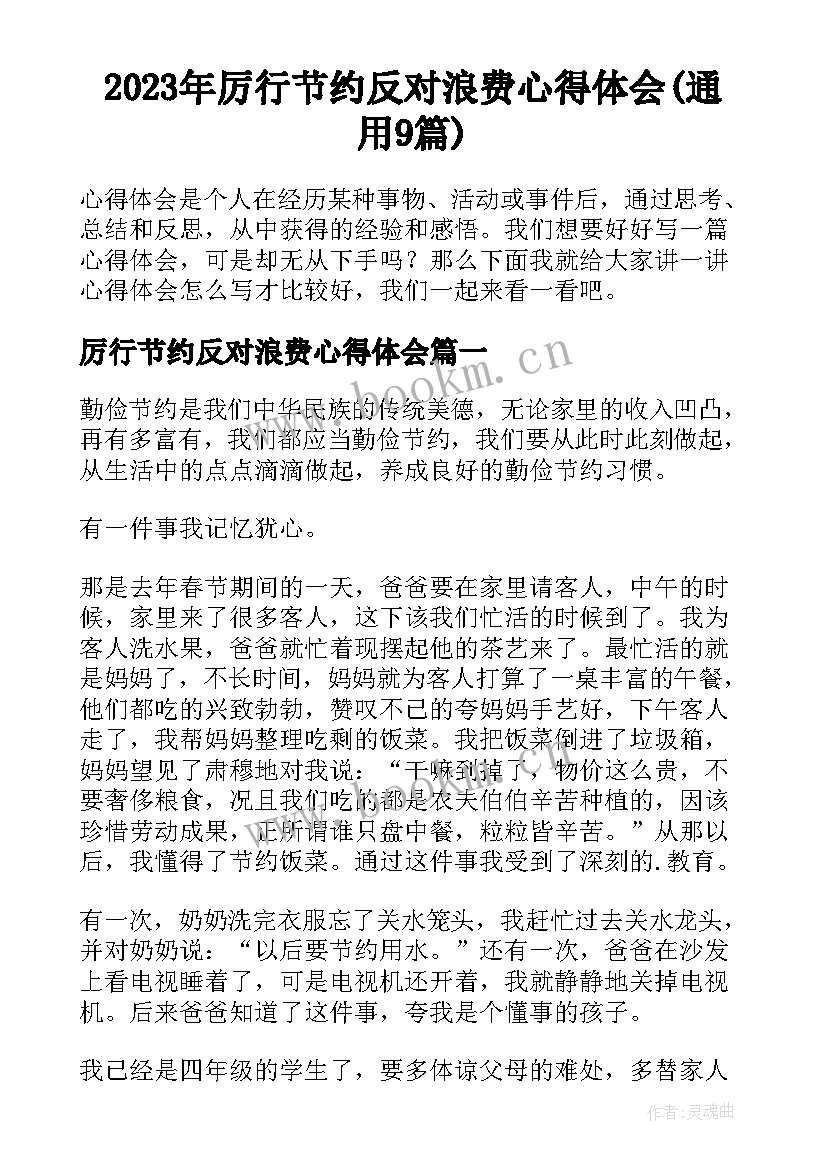 2023年厉行节约反对浪费心得体会(通用9篇)