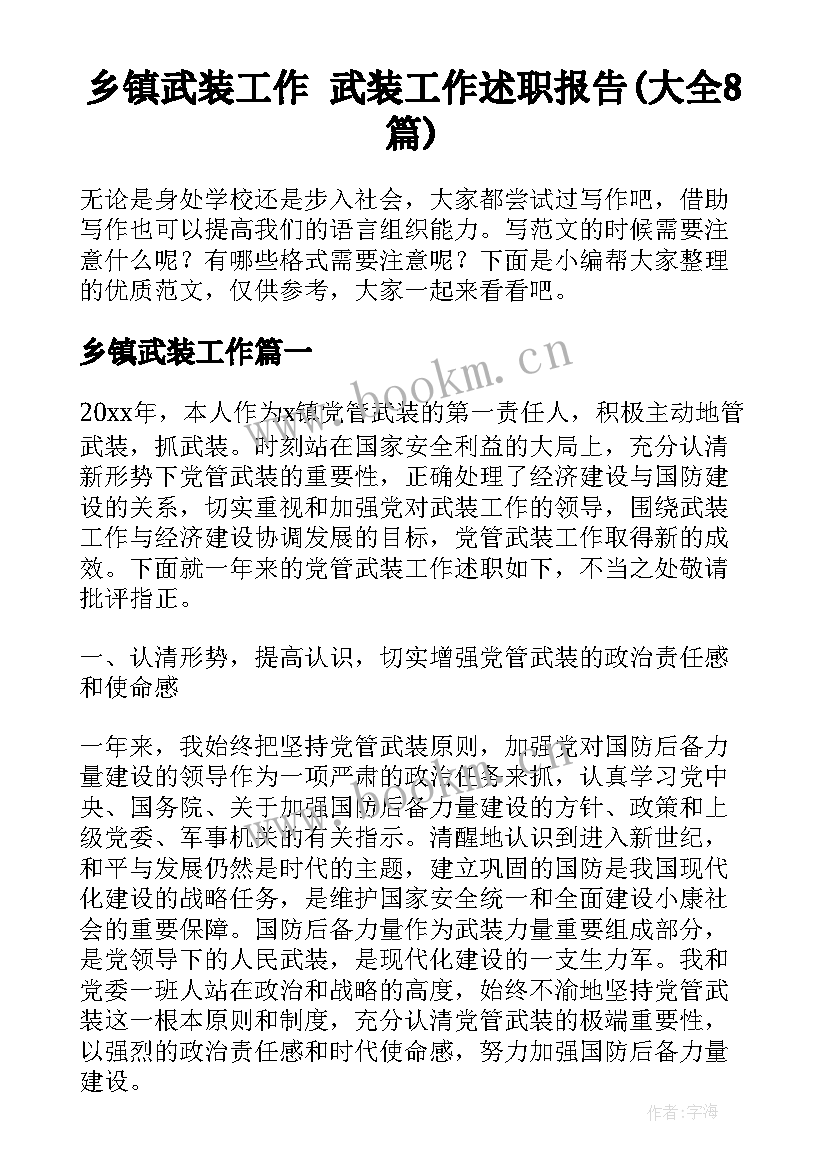 乡镇武装工作 武装工作述职报告(大全8篇)