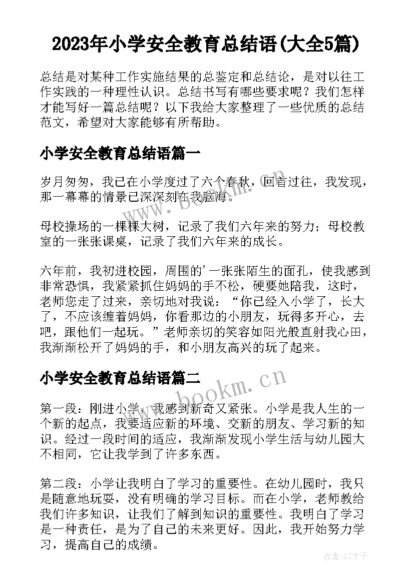 2023年小学安全教育总结语(大全5篇)