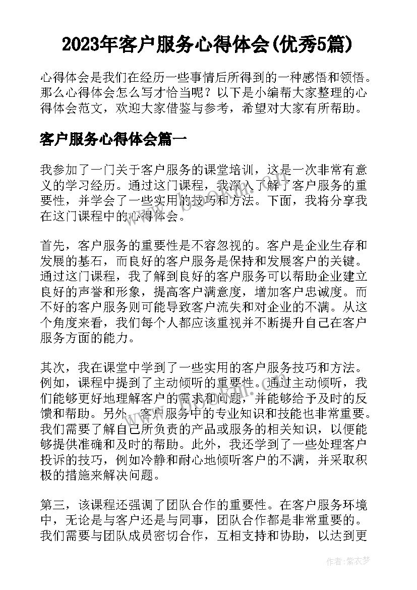 2023年客户服务心得体会(优秀5篇)