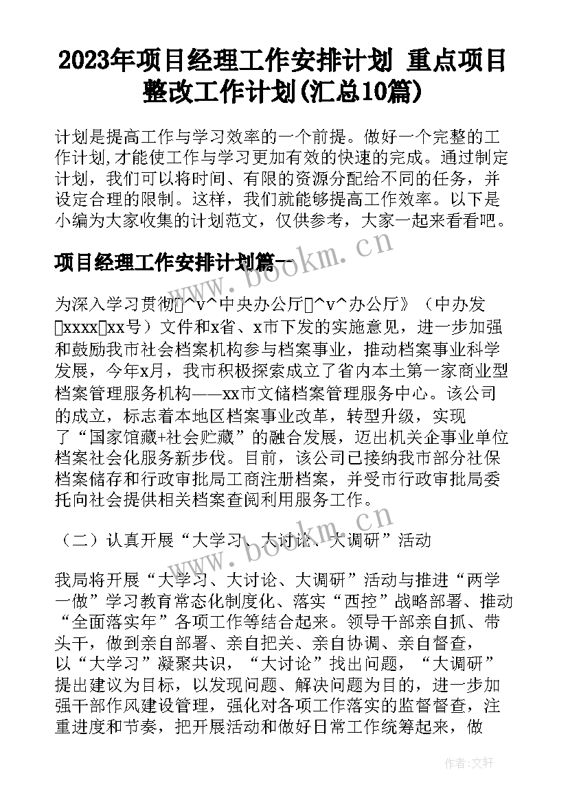 2023年项目经理工作安排计划 重点项目整改工作计划(汇总10篇)