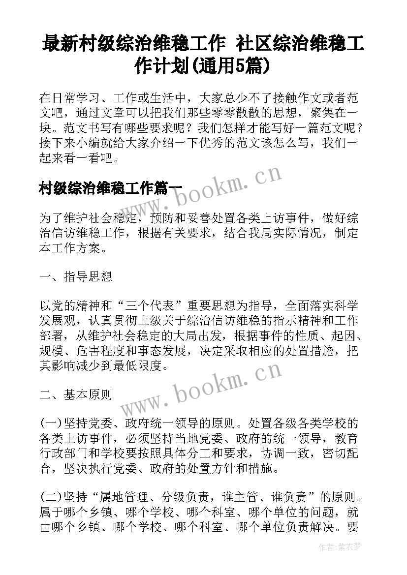 最新村级综治维稳工作 社区综治维稳工作计划(通用5篇)