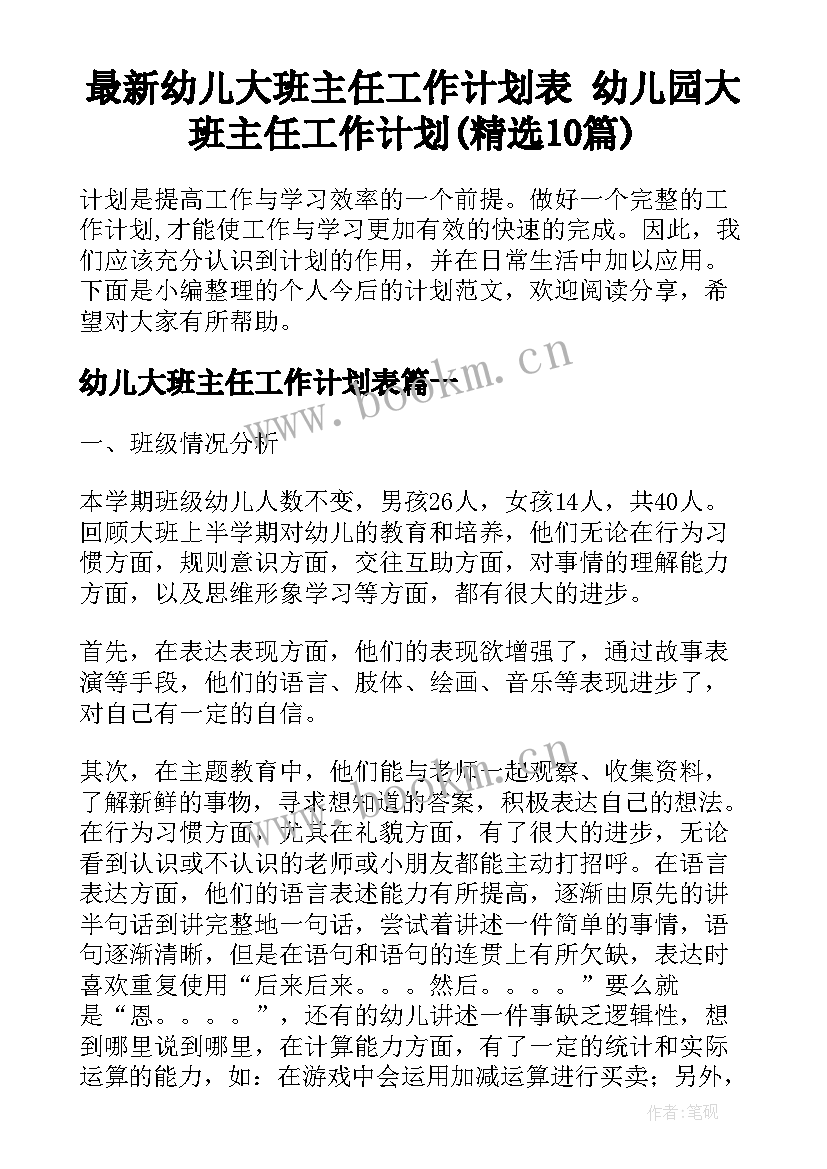 最新幼儿大班主任工作计划表 幼儿园大班主任工作计划(精选10篇)