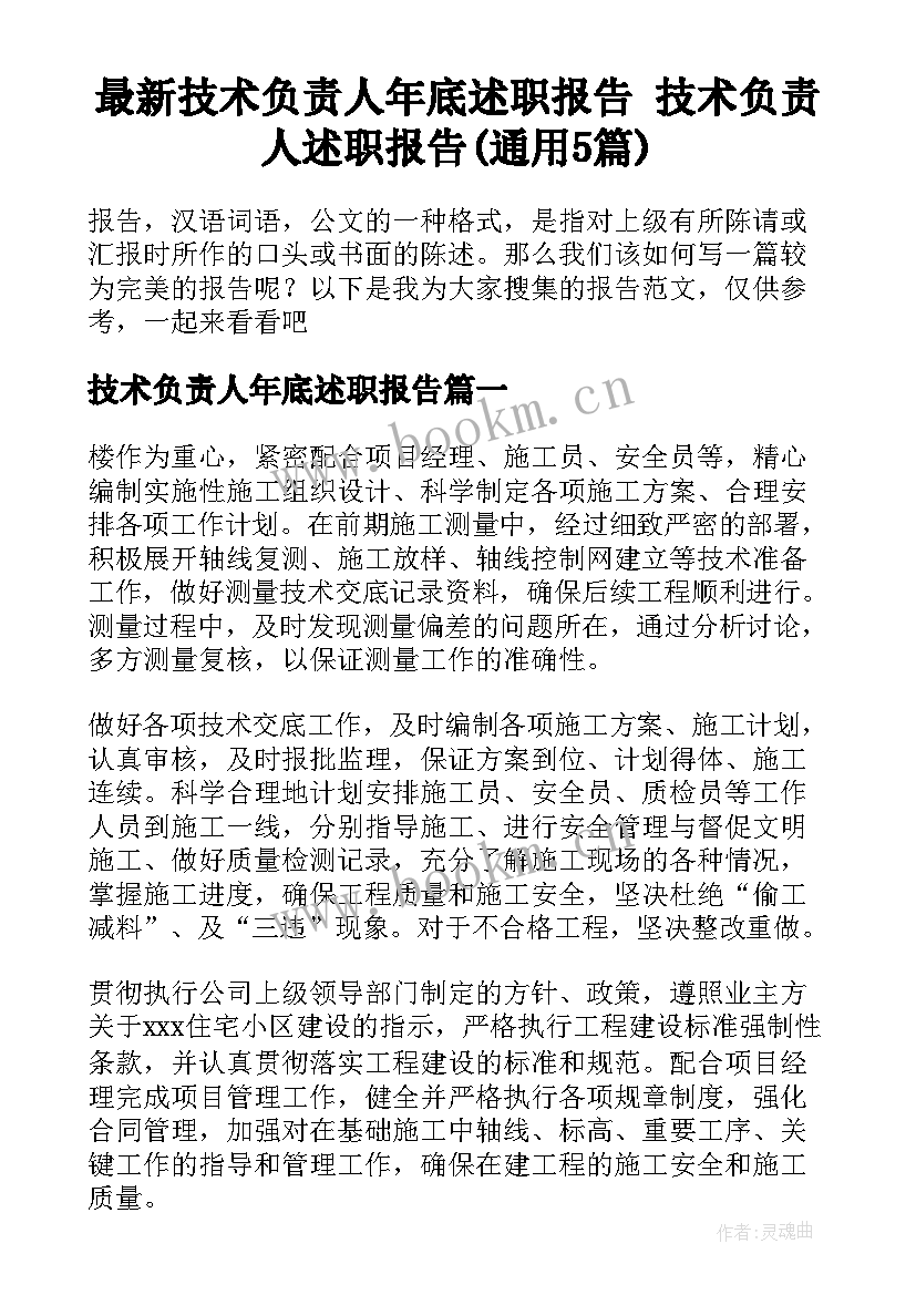 最新技术负责人年底述职报告 技术负责人述职报告(通用5篇)