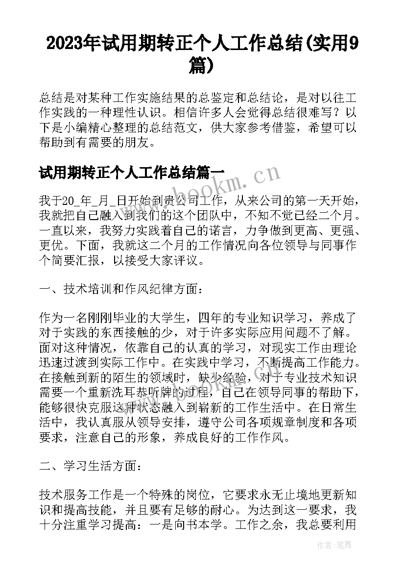 2023年试用期转正个人工作总结(实用9篇)