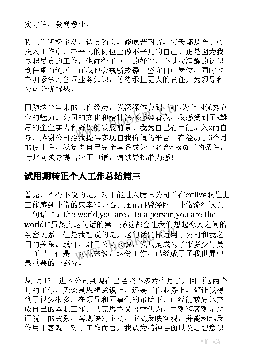 2023年试用期转正个人工作总结(实用9篇)