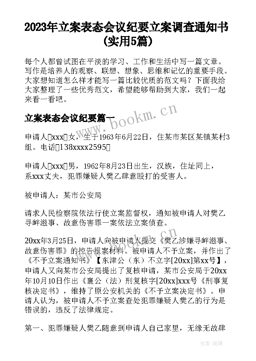 2023年立案表态会议纪要 立案调查通知书(实用5篇)