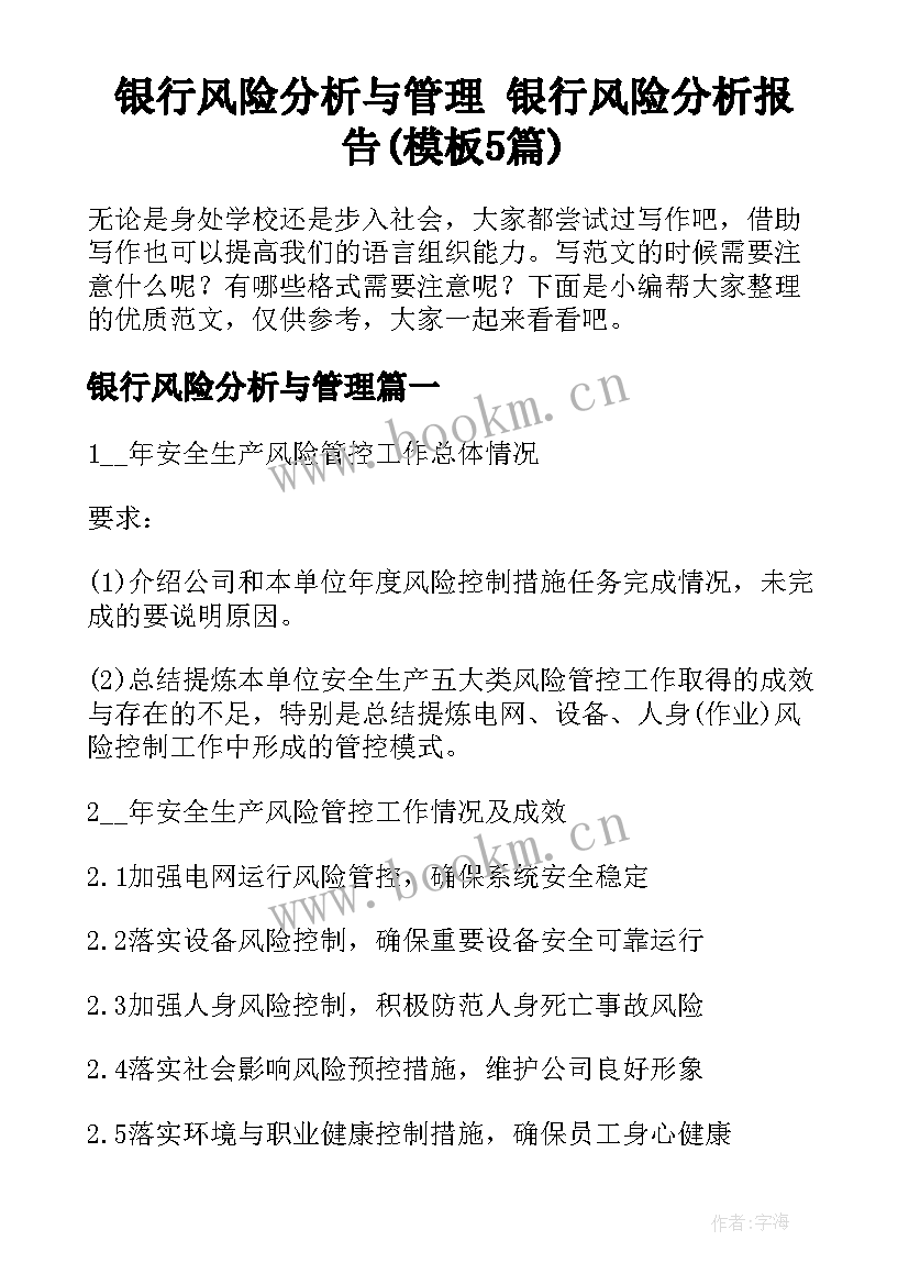 银行风险分析与管理 银行风险分析报告(模板5篇)