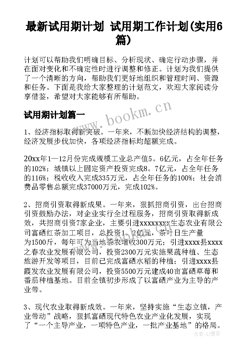 最新试用期计划 试用期工作计划(实用6篇)