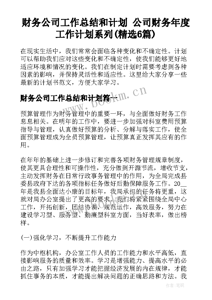 财务公司工作总结和计划 公司财务年度工作计划系列(精选6篇)