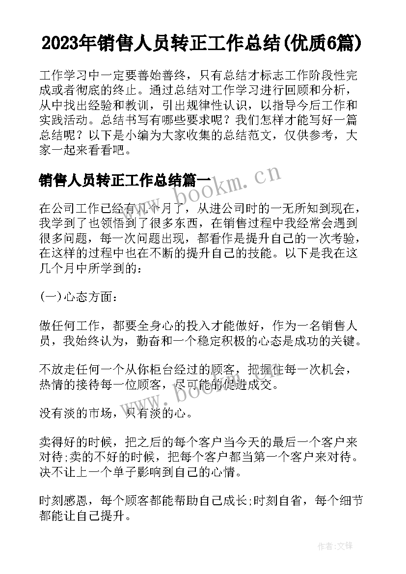 2023年销售人员转正工作总结(优质6篇)