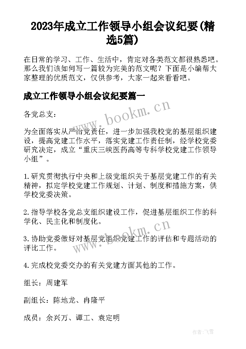 2023年成立工作领导小组会议纪要(精选5篇)