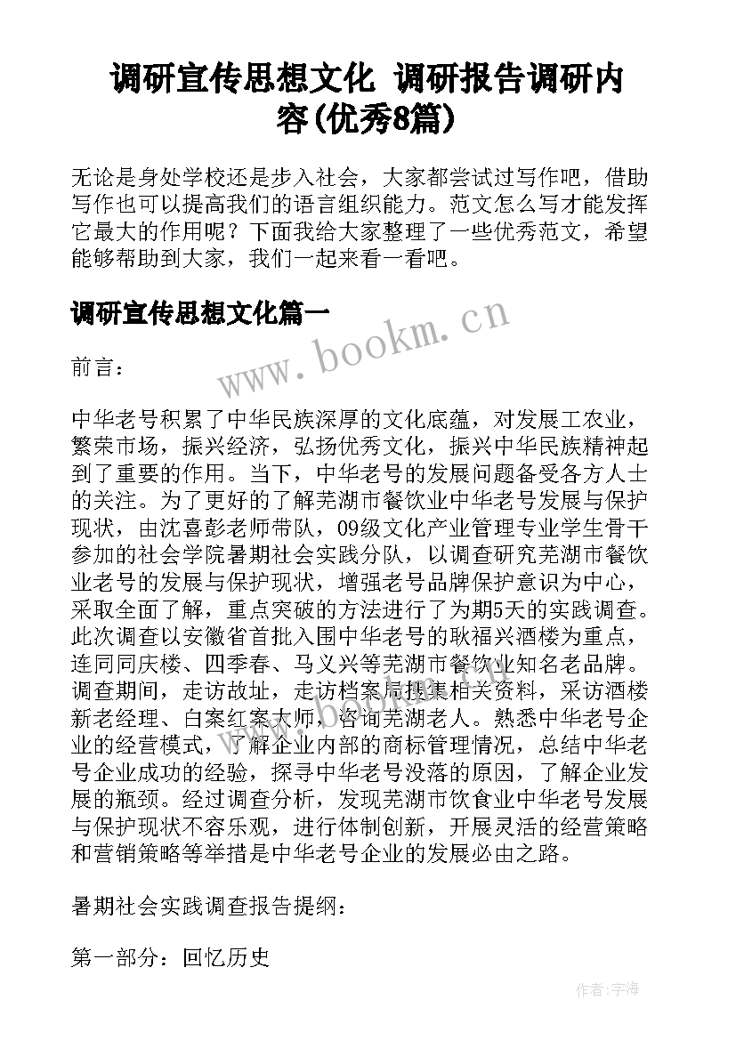 调研宣传思想文化 调研报告调研内容(优秀8篇)