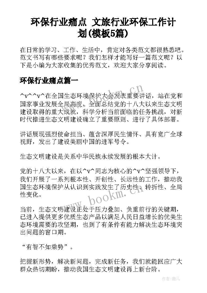 环保行业痛点 文旅行业环保工作计划(模板5篇)