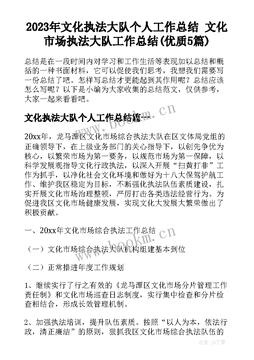 2023年文化执法大队个人工作总结 文化市场执法大队工作总结(优质5篇)