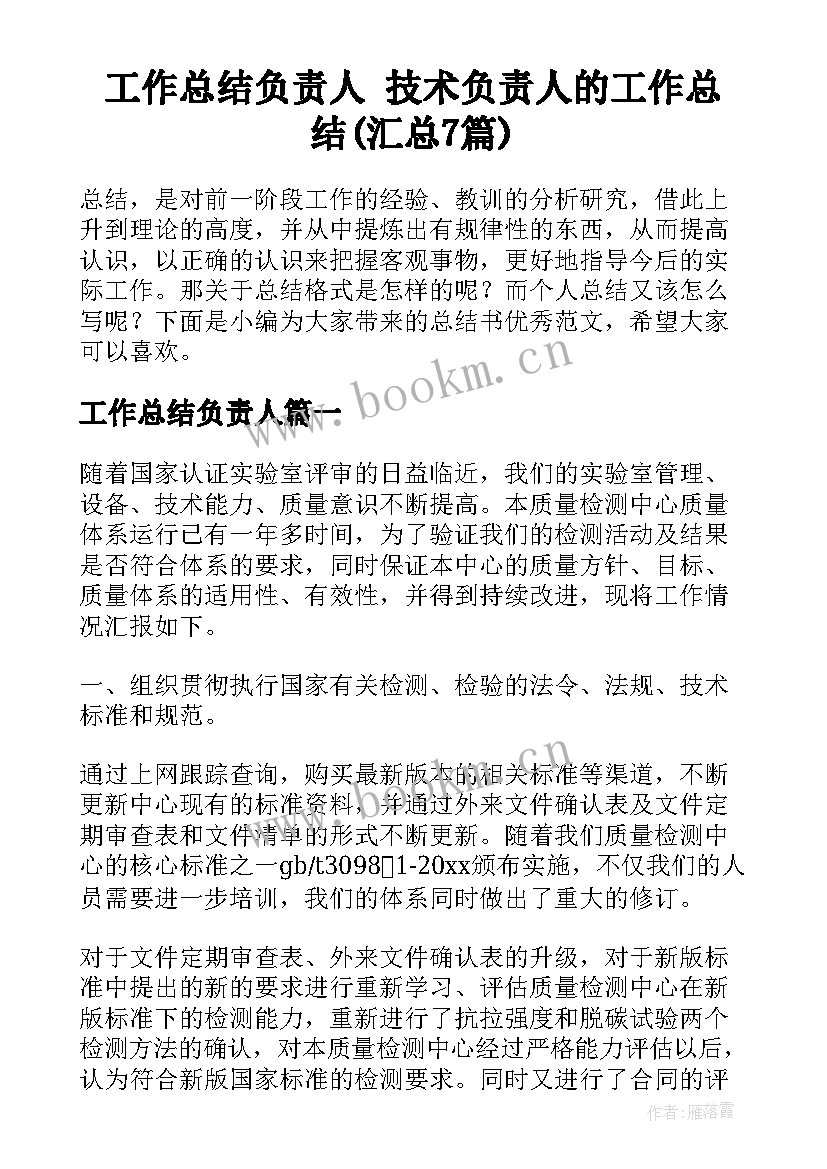 工作总结负责人 技术负责人的工作总结(汇总7篇)