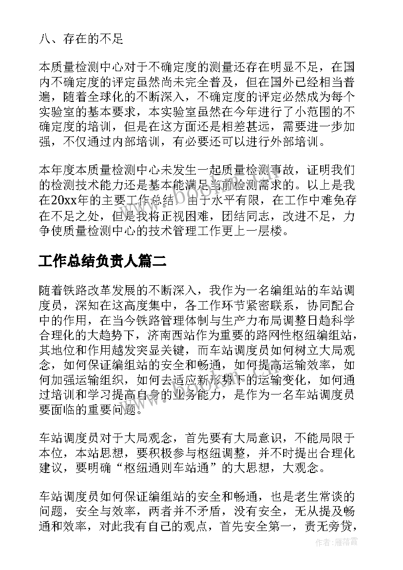 工作总结负责人 技术负责人的工作总结(汇总7篇)