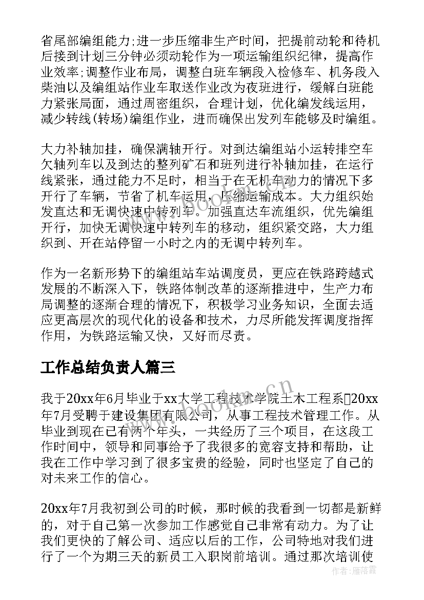 工作总结负责人 技术负责人的工作总结(汇总7篇)