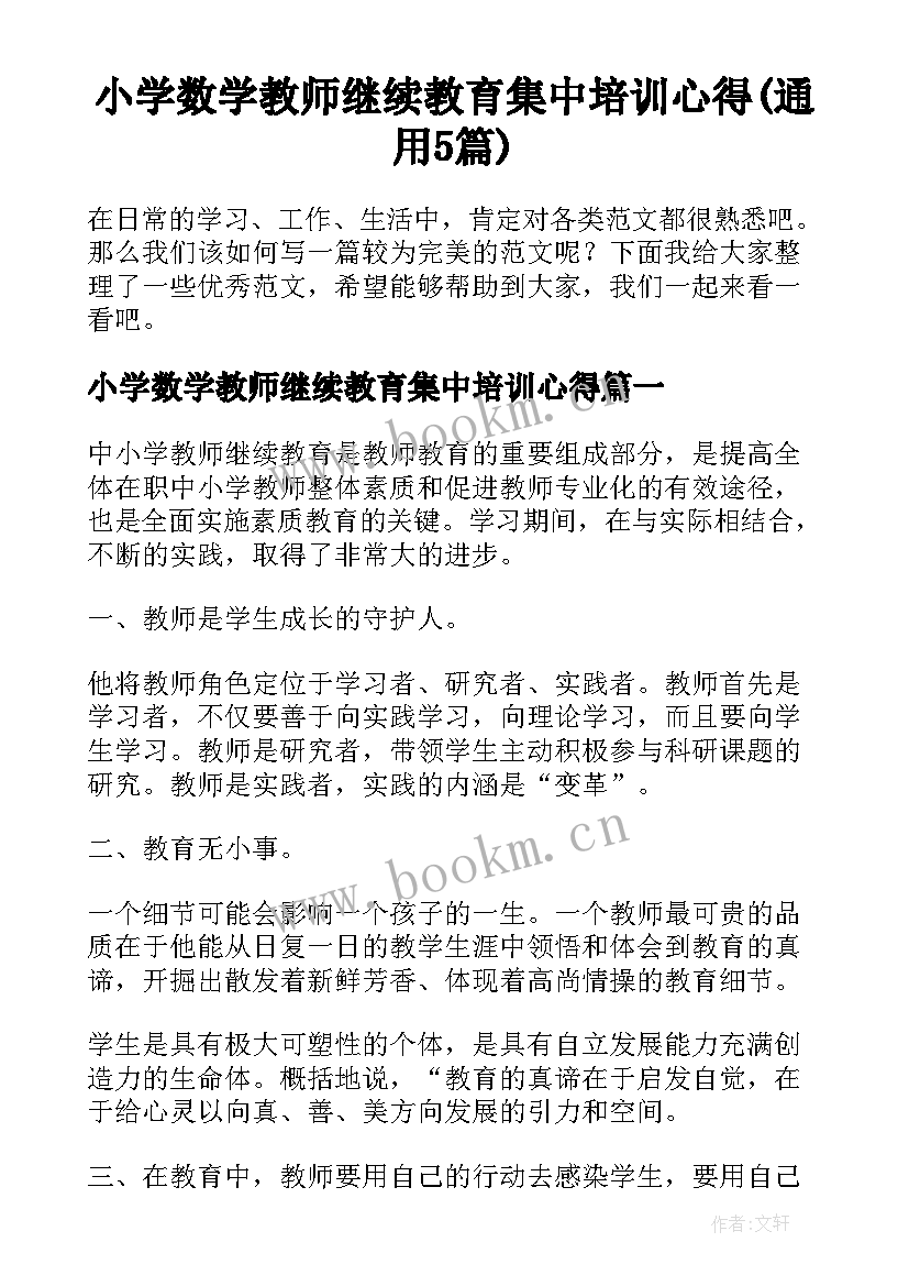 小学数学教师继续教育集中培训心得(通用5篇)