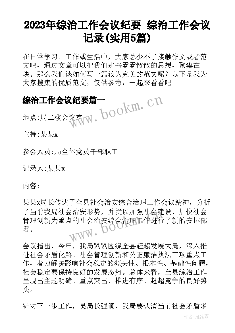 2023年综治工作会议纪要 综治工作会议记录(实用5篇)