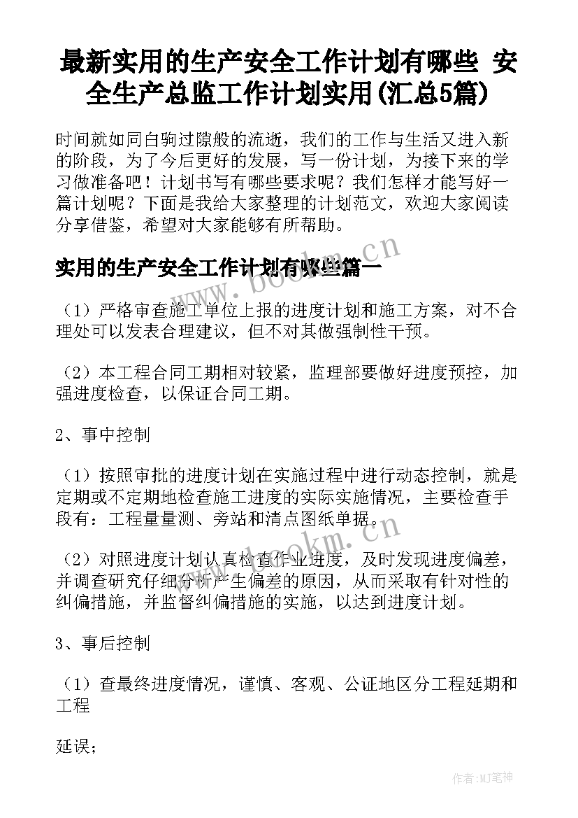 最新实用的生产安全工作计划有哪些 安全生产总监工作计划实用(汇总5篇)