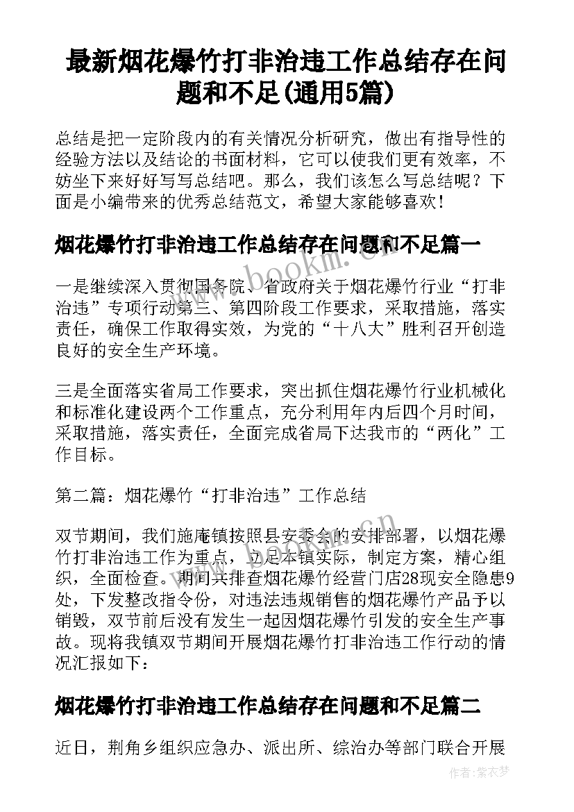 最新烟花爆竹打非治违工作总结存在问题和不足(通用5篇)