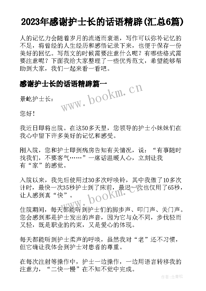 2023年感谢护士长的话语精辟(汇总6篇)