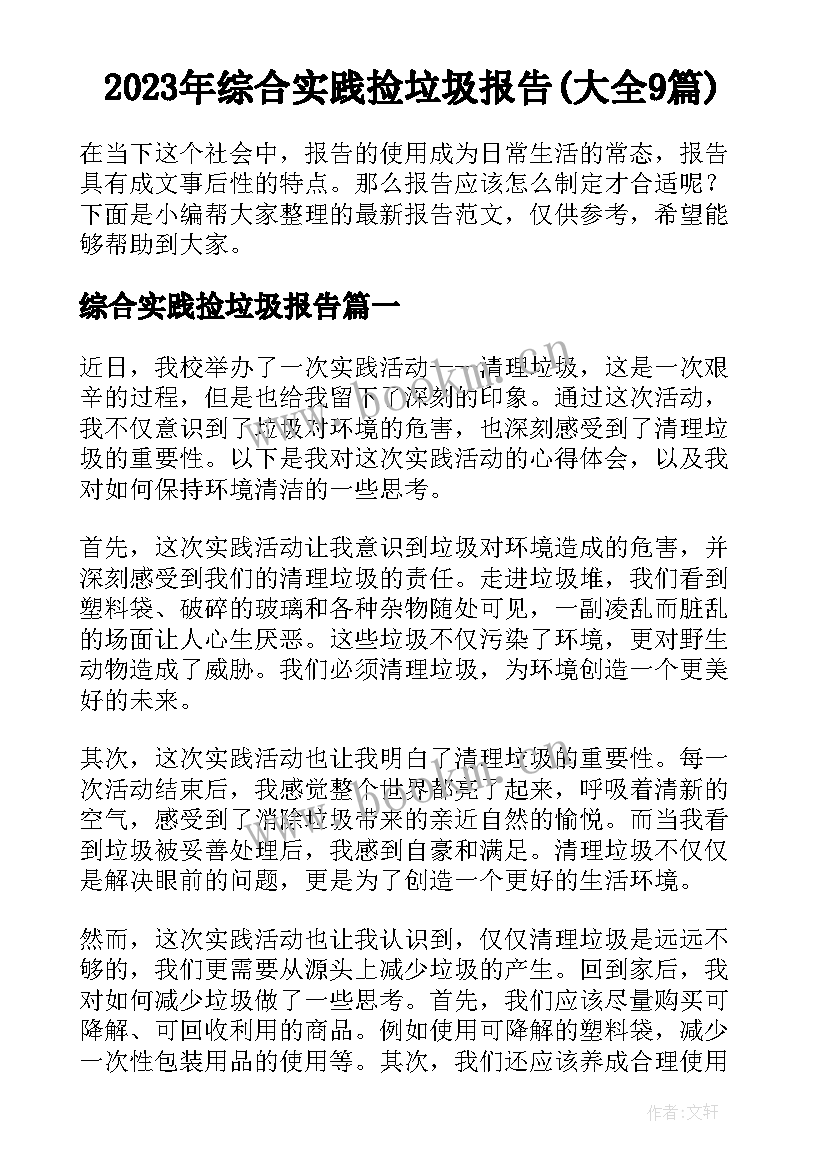 2023年综合实践捡垃圾报告(大全9篇)