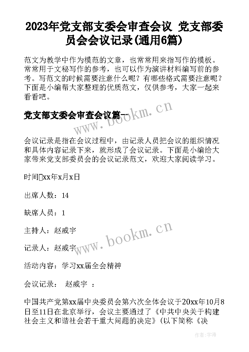 2023年党支部支委会审查会议 党支部委员会会议记录(通用6篇)