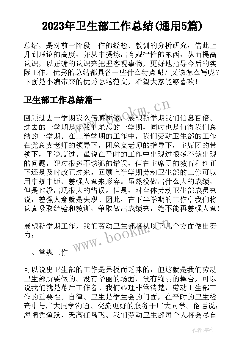 2023年卫生部工作总结(通用5篇)