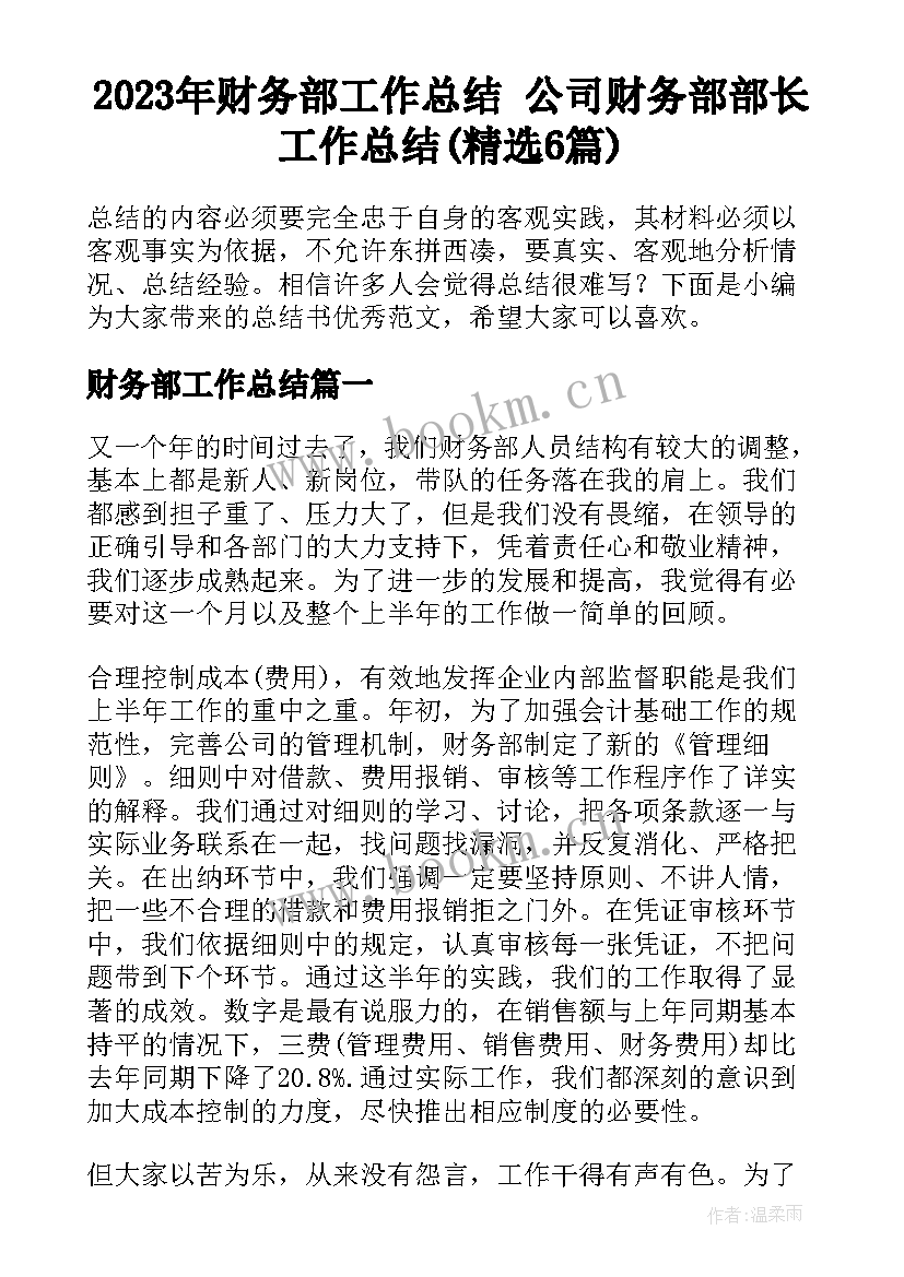 2023年财务部工作总结 公司财务部部长工作总结(精选6篇)