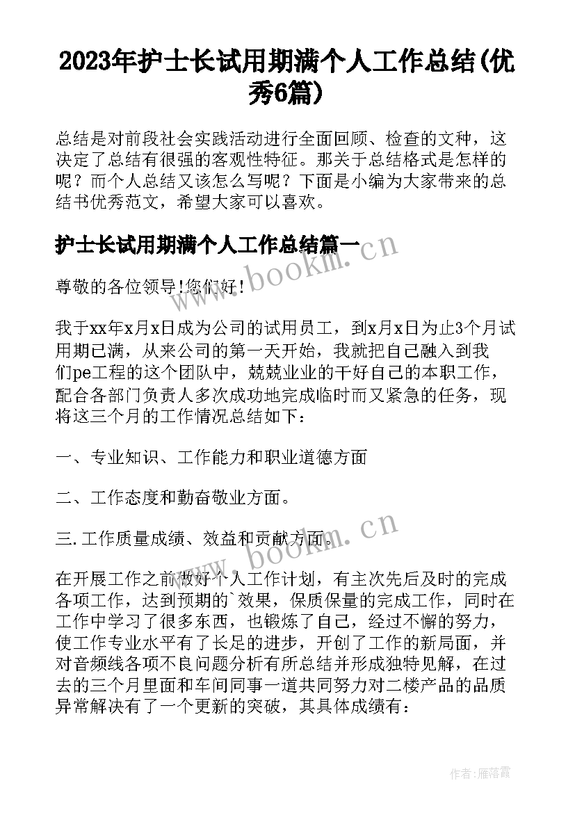 2023年护士长试用期满个人工作总结(优秀6篇)