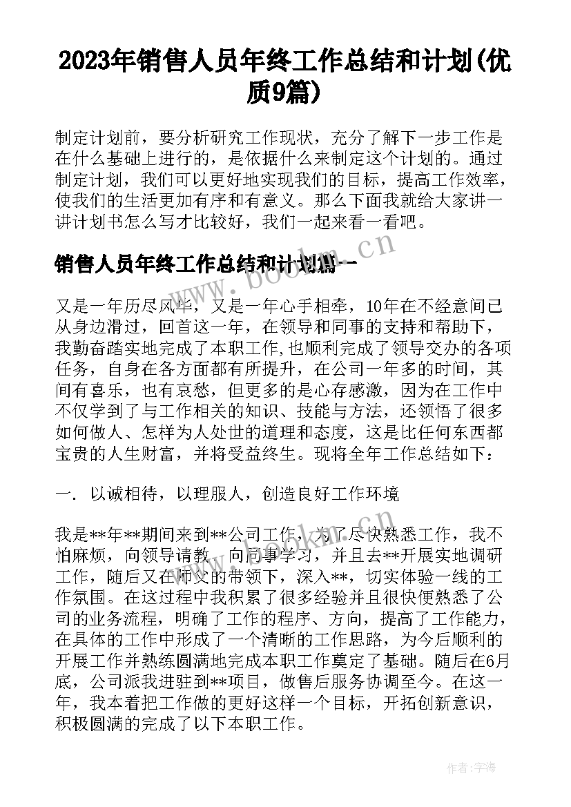 2023年销售人员年终工作总结和计划(优质9篇)