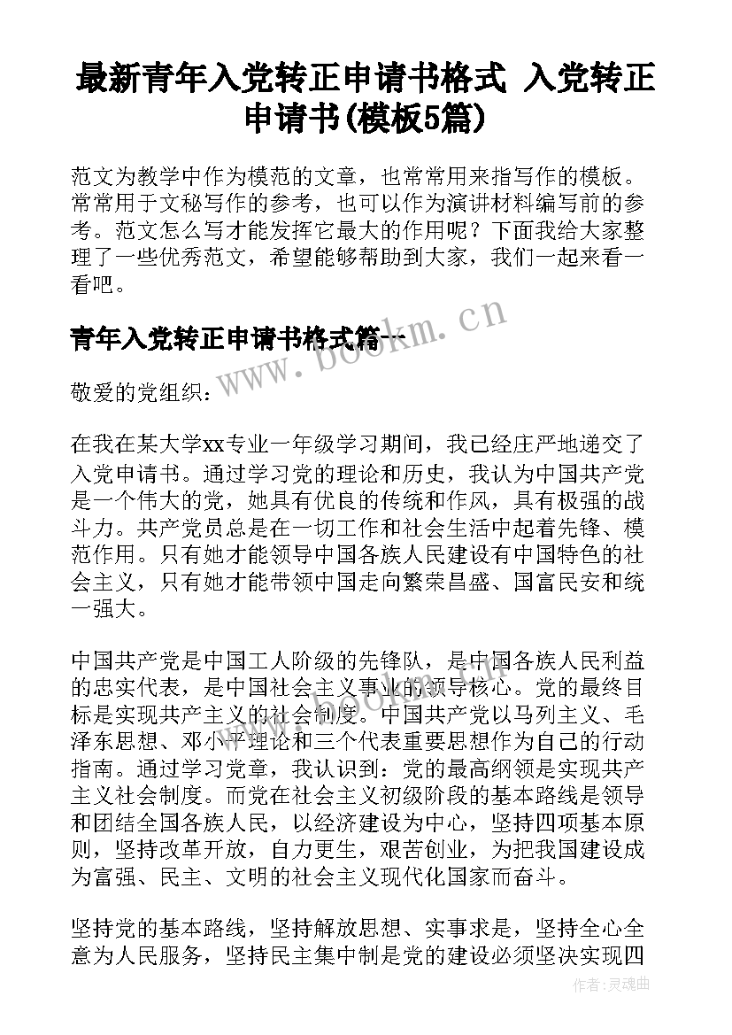 最新青年入党转正申请书格式 入党转正申请书(模板5篇)