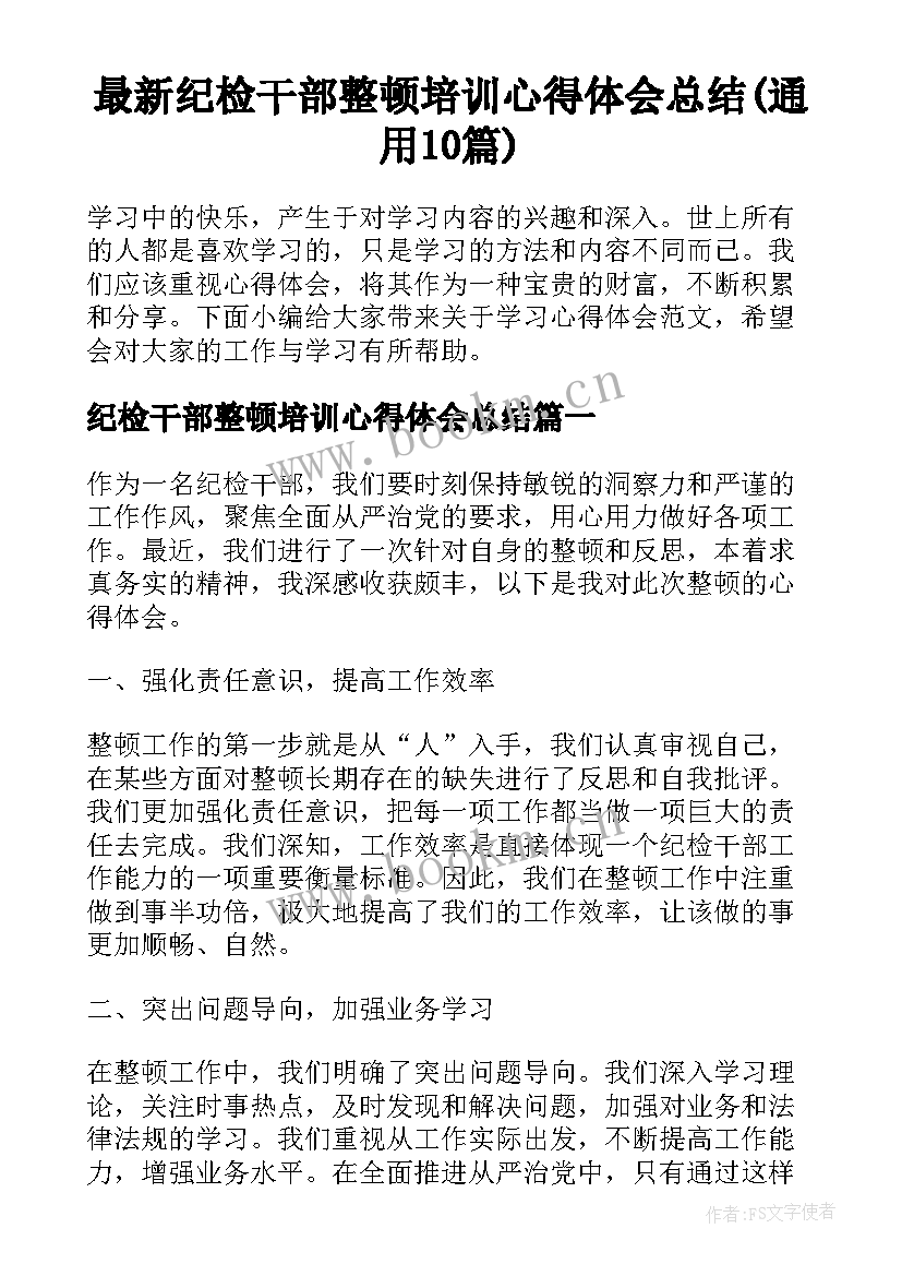 最新纪检干部整顿培训心得体会总结(通用10篇)