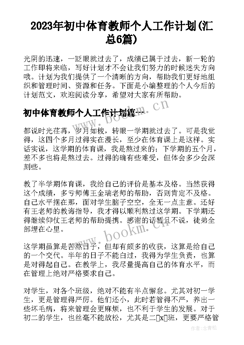 2023年初中体育教师个人工作计划(汇总6篇)