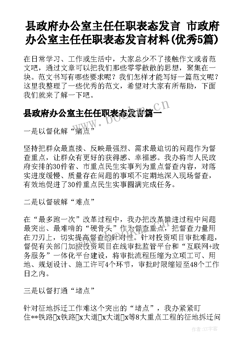 县政府办公室主任任职表态发言 市政府办公室主任任职表态发言材料(优秀5篇)