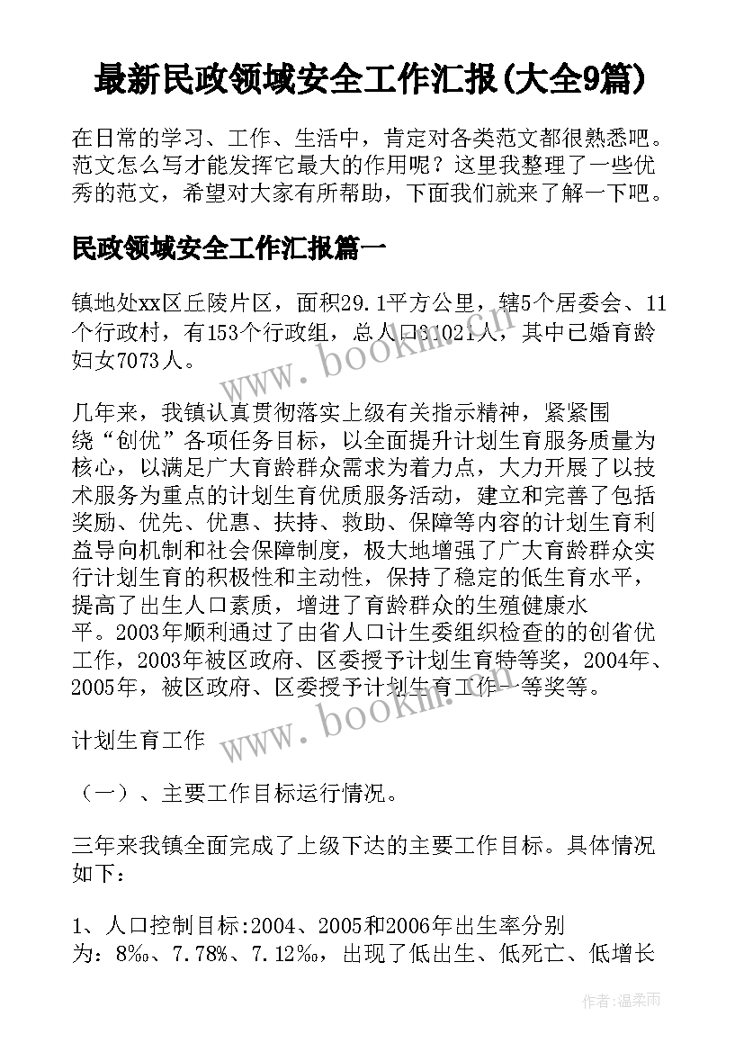 最新民政领域安全工作汇报(大全9篇)