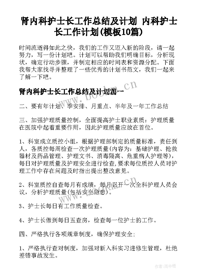 肾内科护士长工作总结及计划 内科护士长工作计划(模板10篇)