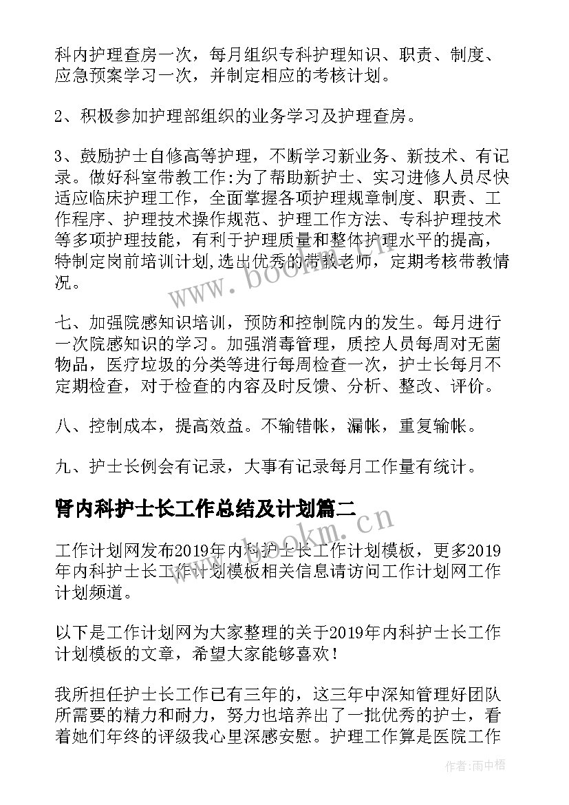 肾内科护士长工作总结及计划 内科护士长工作计划(模板10篇)