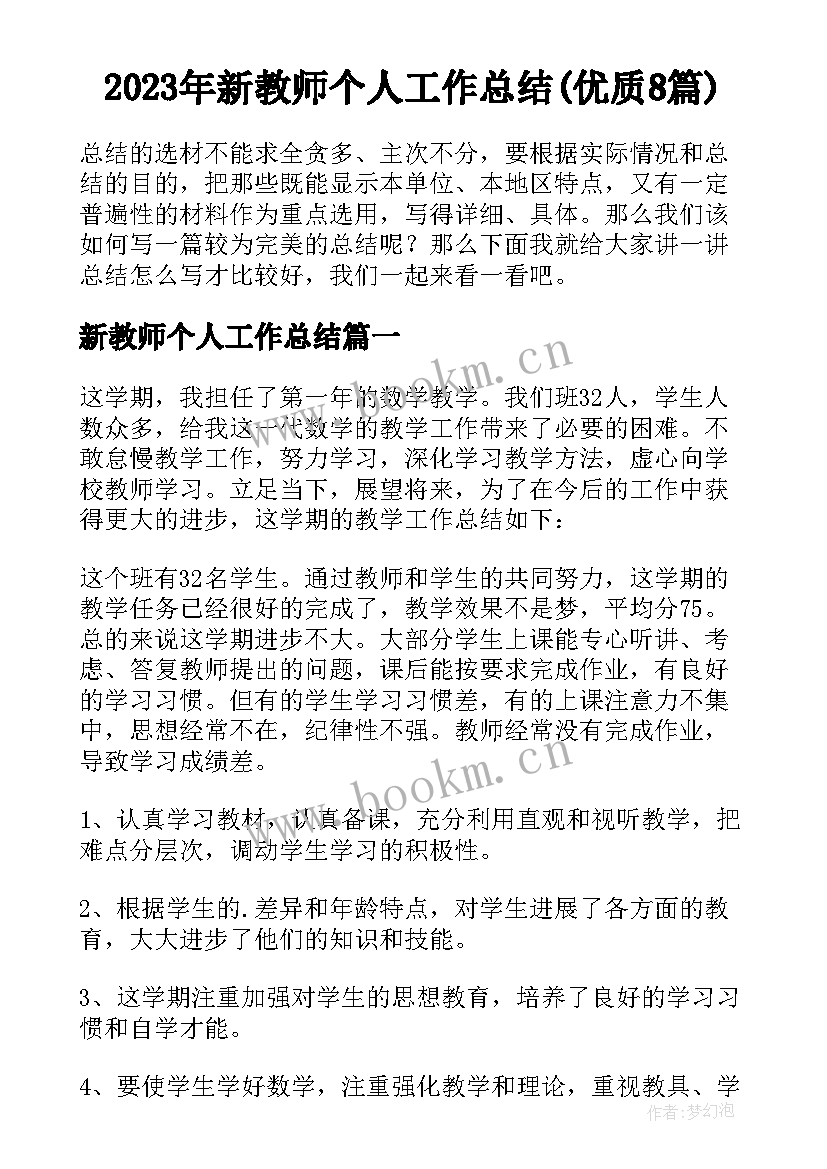 2023年新教师个人工作总结(优质8篇)