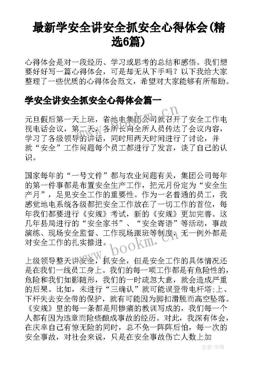 最新学安全讲安全抓安全心得体会(精选6篇)